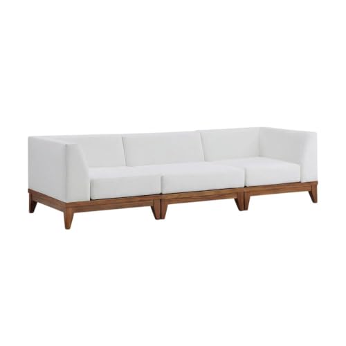 Outdoor Escape White Fabric Patio Modular Sofa, Acacia Wood Finish, Comfortable Seat, Durable Frame, Outdoor Living Space