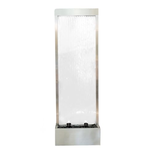 XBrand 68 in H Freestanding Modern Indoor/Outdoor Waterfall Fountain w/Decorative Rocks, LED Lights & Auto-Shut Off Pump, Stainless Steel/Clear Glass, Silver