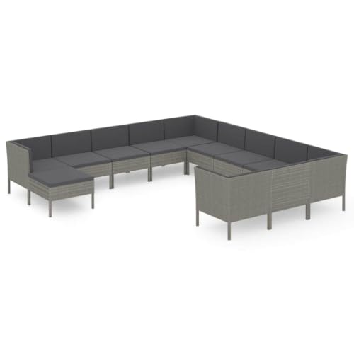 12 Piece Patio Lounge Set with Cushions, Gray PE Rattan Outdoor Furniture