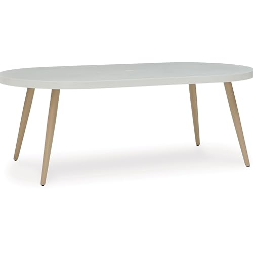 Benzara Yami Outdoor Dining Table, 80 Inch Oval Faux White Stone Top, Brown