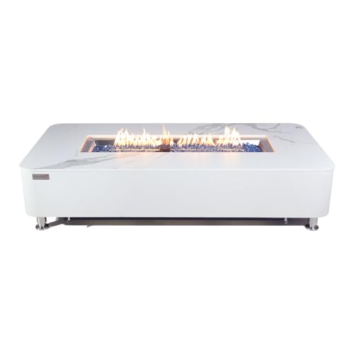 Athens Concrete Fire Pit 62" x 30" Patio Firepit Includes Fire Glass Modern Fire Pits & Outdoor Fireplaces for Garden, Deck, Indoor & Outdoor Heating