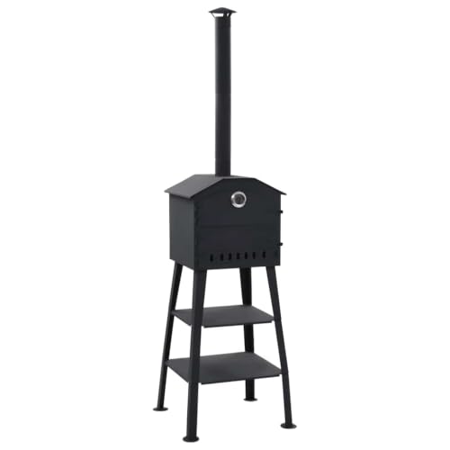 Outdoor Charcoal Pizza Oven with 2 Fireclay Stones, Portable Garden Wood Fired Pizza Maker with Built-in Thermometer, Black Steel Grill for Bread and Pies