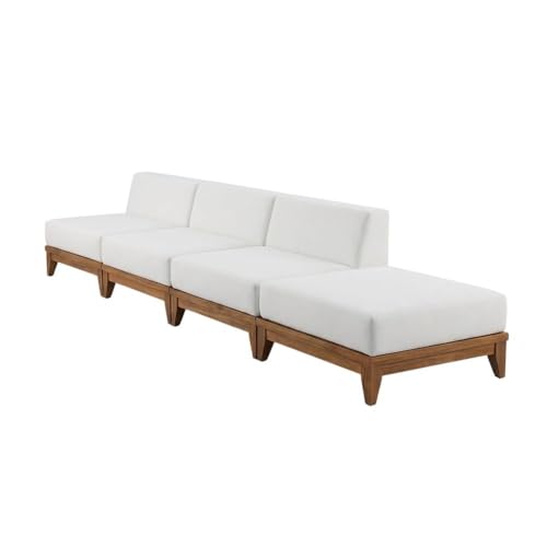 Outdoor Escape White Fabric Modular Patio Sofa, Acacia Wood Finish, Durable Frame, Spacious 138-Inch Width, Comfortable Back, Outdoor Living