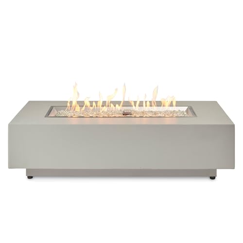 Outdoor GreatRoom Co. Harbor View Gas Fire Pit Table Rectangular Concrete Fire Pits for Outside Patio - 65,000 BTU Propane Fireplace Heater, Glass Coffee Table Cover, Clear Fire Rocks
