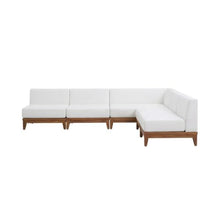 Outdoor Escape White Fabric Modular Outdoor Patio Sectional, Acacia Wood Finish, Cushioned Seating, Outdoor Living Furniture