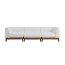 Outdoor Escape White Fabric Patio Modular Sofa, Acacia Wood Finish, Comfortable Seat, Durable Frame, Outdoor Living Space