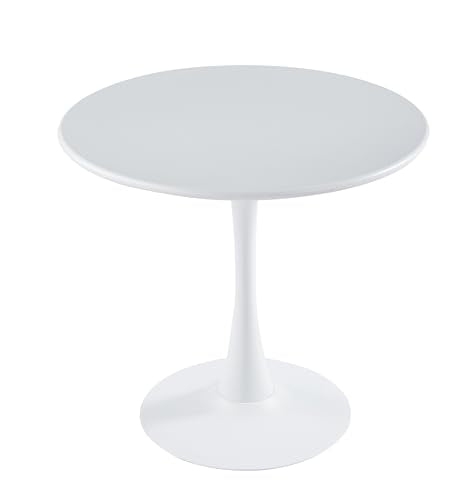 LeisureMod Bello 35" Round Outdoor Dining Table, Modern Black Metal, White