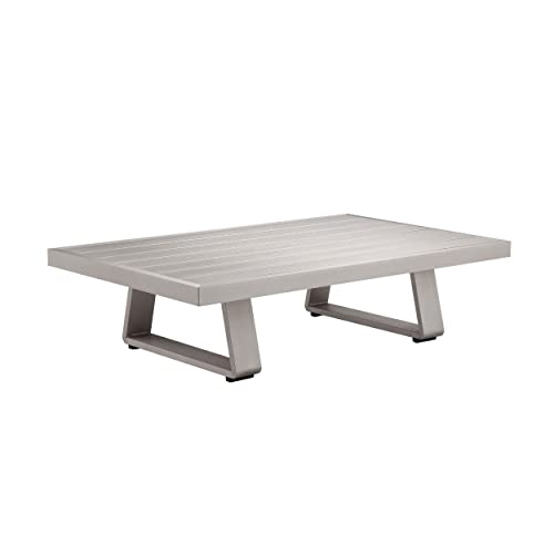 Benjara BM287716 Patio Xia 48 Inch Outdoor Coffee Table, Gray Aluminum Frame, Plank Style Tabletop