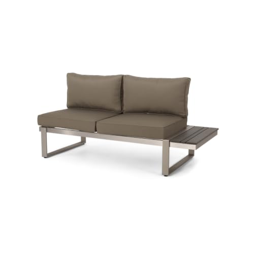 Hassyee Aluminium Loveseat with Extended Side Table and Soft Cushions for Poolside, Lawn, Backyard, Outdoor Armless Sofa with Slatted Tabletop for Balcony, Garden, Living Room
