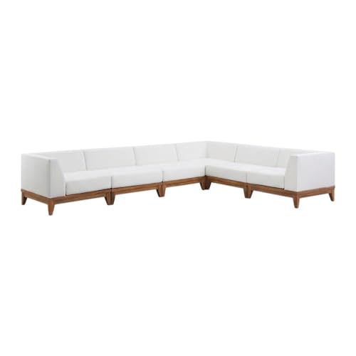 Outdoor Escape White Fabric Outdoor Patio Modular Sectional, Acacia Wood Finish, All-Weather Cushioned Seating, Durable Frame, Contemporary Style