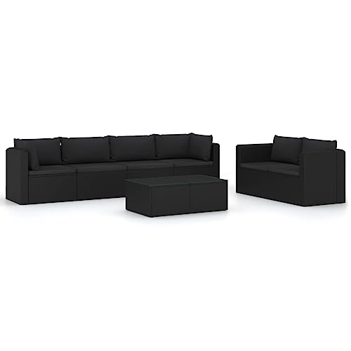 Heofavd 7 Piece Garden Lounge Set Black PE Rattan Modular Outdoor Sectional Furniture with Tempered Glass Table for Patio, Balcony, Conservatory up to 6 Seats