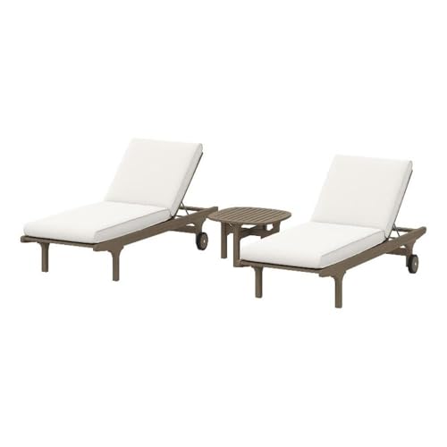 Modway Saratoga Teak Wood Set of 2 Chaise Lounge Chairs and Side Table in Weathered Gray White - 3-Piece Outdoor Furniture Set