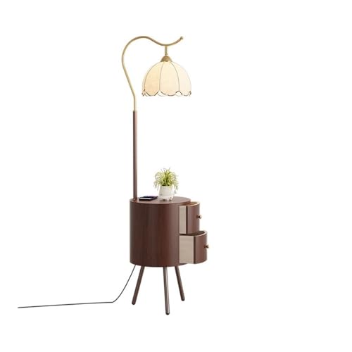 LUYOUBOZHU Floor Lamp Vintage Solid Wood Floor Lamp with Storage Cabinet, Ambient Lighting for Living Room Bedroom(Brown)