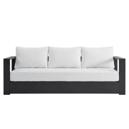 Outdoor Escape Powder-Coated Aluminum Outdoor Sofa with Thick Cushions, Patio Couch for Outdoor Patio Furniture and Seating, Gray White