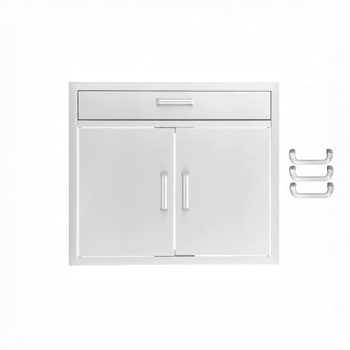 Mont Alpi Signature 30"W x 23"H Commercial Grade 304 Stainless Steel Outdoor Kitchen Island BBQ Grill Magnetic Double Access Doors & Single Drawer Combo + Traditional & Contemporary Style Handle Sets