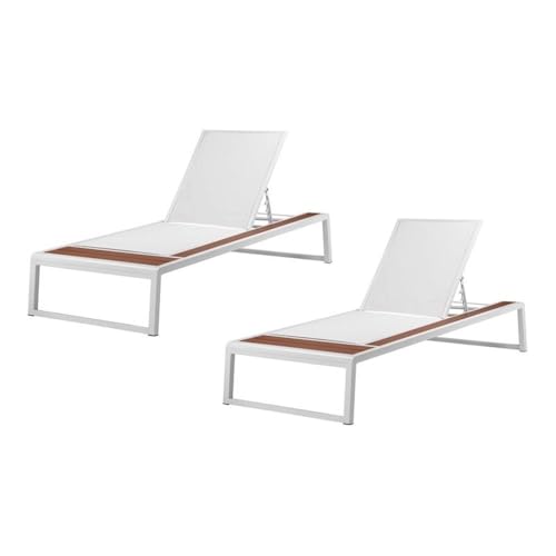 Pemberly Row Modern Aluminum Patio Loungers, 37" H x 89" W x 33" D, White Finish, Set of 2, Adjustable Heights, Built-in Side Table, Fade Resistant, Contemporary Outdoor Seating for Backyard or Patio