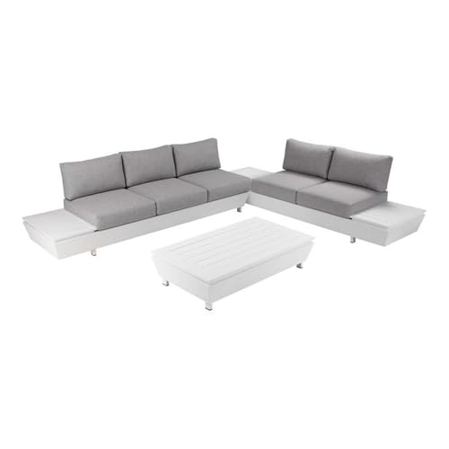 Pemberly Row 3-Piece Modern Outdoor Aluminum Sectional Sofa Set, Gray Finish, Rust-Resistant Frame, Built-in Storage Armrests, Coffee Table Included, Durable Patio Furniture for Outdoor Living Spaces
