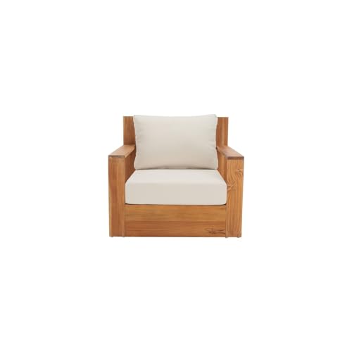 Safavieh Outdoor Couture Kauai Natural Solid Teak Wood Patio Chair with Beige Cushion
