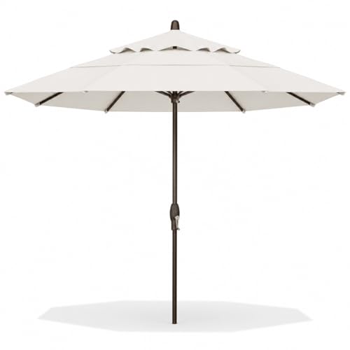 Treasure Garden 11ft Double Wind Vent Patio Umbrella – Outdoor Market Umbrella – Deluxe Auto-Tilt – Bronze Aluminum Frame (Sunbrella, Natural)
