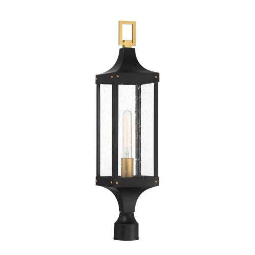 Savoy House 5-278-144 Glendale Vintage Traditional Clear Seeded Glass Outdoor Post Lantern, 1-Light 60 Watt, 28" H x 7" W, Matte Black and Weathered Brushed Brass
