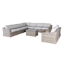 Homyee 10-piece Conversation Set with Grey Cushions for Backyard, Lawn, Outdoor Wicker Furniture Set with Sturdy Aluminum Frame and Slatted Square Coffee Table for Poolside