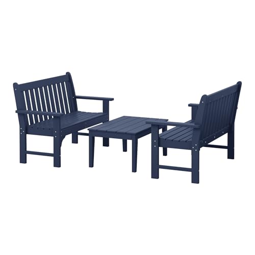 WestinTrends Malibu 3-Piece HDPE Outdoor Patio Furniture Couch and Coffee Table Set, Navy Blue