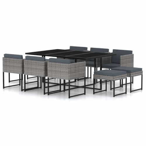 LPERTGFHU 11-Piece Patio Dining Set, Poly Rattan Garden Table and Chairs with Cushions for 10 People, Grey Outdoor Furniture