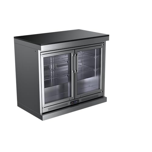 Outdoor Kitchen Island Double Door Beverage Refrigerator Cabinet Granite Countertop Undercounter Cooler Generous Capacity Wheels Glass Shelves Digital Control Patio Bar Storage Station Mobile (Silver)