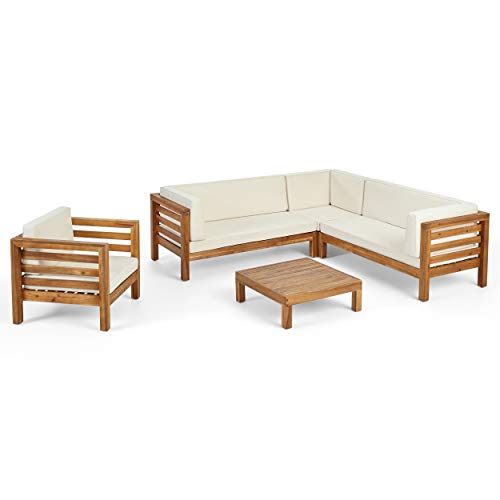 GDFStudio Outdoor 6 Seater Acacia Wood Sectional Sofa and Club Chair Set, Teak Finish & Beige