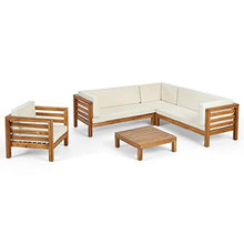 GDFStudio Outdoor 6 Seater Acacia Wood Sectional Sofa and Club Chair Set, Teak Finish & Beige