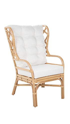 Kouboo Rattan Wingback Chair with Cushion, Chippendale Style, Light Brown
