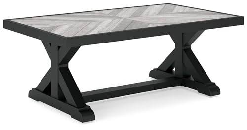 Signature Design by Ashley Beachcroft Farmhouse Weather and Rust Resistant Outdoor Coffee Table with Porcelain Tabletop, Black & Light Gray