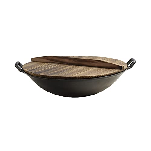 UWYTGF Iron Wok with Wooden Lid, Outdoor Stove Household Cooking Pot Made of Iron, Diameter 44 Cm