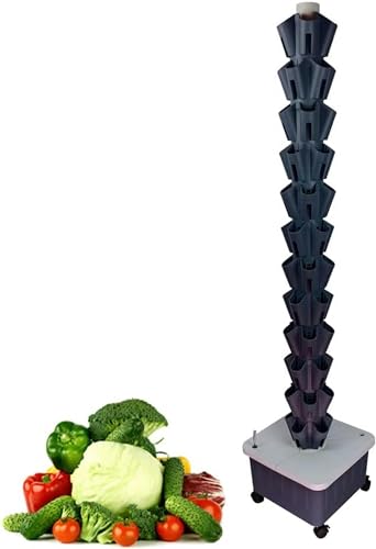 Hydroponics Tower, Soilless Cultivation Growing System, with Water Pump, Nest Basket, Sponge and Movable Water Tank, for Herbs, Fruits and Vegetables,Grey,10 Layers