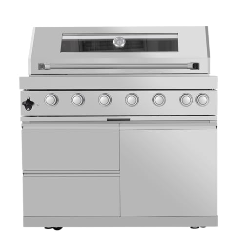 43-Inch Gas Outdoor Kitchen Grill with 6 Burners 85000 BTU Output,Electric Rotisserie Kit,LED Control Knobs, Double Grill Surface,Infrared Rear Burner,Drawers,Bottle Opener,Temperature Gauge (Silver)