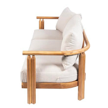 Christopher Knight Home Acacia Wood 3-Seater Sofa Outdoor, 74'' Patio Acacia Wood Sofa Chair, Curved Wooden Lounge Seating for Backyard Garden, Outdoor Entertaining Furniture, Light Teak+Beige