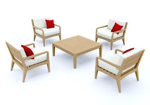 WholesaleTeakFurniture Noida 5 Piece Teak Wood Lounge Chair Set: 4 Lounge Chairs & Square Coffee Table with Cushions in Outdoor Sunbrella Fabric #5404 Canvas Natural
