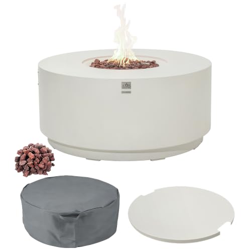AMS Round Concrete GFRC Propane Gas Fire Pit Table Bundle (Cream White)
