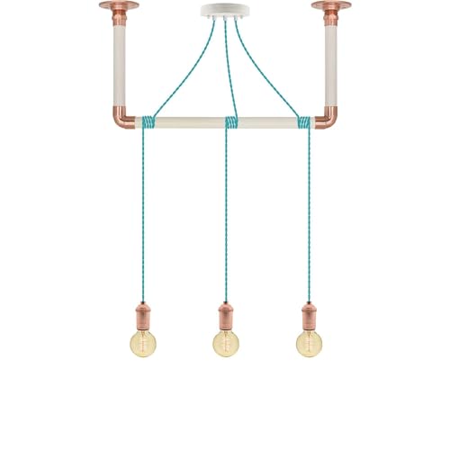 Unique Turquoise and Copper Pendant Light Wrap with White Wood and Copper Ceiling Bracket - Hangout Lighting - 3 Pendants