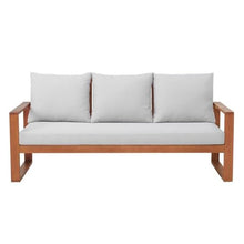 Grafton Eucalyptus 3-Seat Outdoor Bench - Weather-Resistant Gray Cushions, Durable Termite-Resistant Wood, Ideal for Patio & Garden, 74.5 in. W x 31.5 in. D x 33.5 in. H