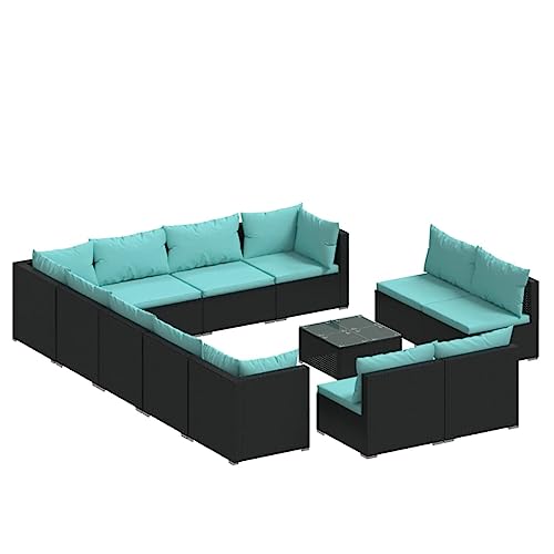 HKQWPBF 13 Piece Poly Rattan Patio Lounge Set with Cushions, Waterproof PE Rattan Sofa Seating Set, Black Outdoor Furniture for Garden Backyard