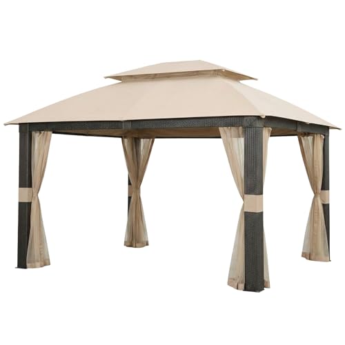 Garden Winds Reinforced RipLock 350 Replacement Canopy Top and Netting Set Compatible with Revella 10’ x 12’ Gazebo Model L-GZ806PST-A2 - Beige