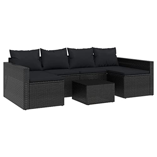 2 Piece Patio Lounge Set with Cushions, Black Poly Rattan Outdoor Furniture