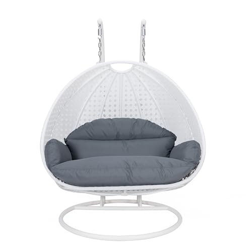 LeisureMod 2 Person Hanging Egg Chair, Indoor Outdoor Patio Lounge Swing with White Stand & UV-Resistant Cushions, Hammock Chair for Bedroom & Garden, Dark Grey