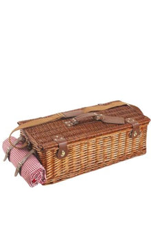 Handmade Wicker Picnic Basket Set for 6 People with Red Gingham Pattern, Wood, Insulated Compartment, Includes Cutlery, Plates, Glasses, and Water-Resistant Blanket - White and Red