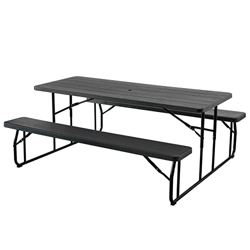 Gardenised Black Outdoor Foldable Woodgrain Picnic Table Set with Metal Frame 6 Ft (QI004269.BK)