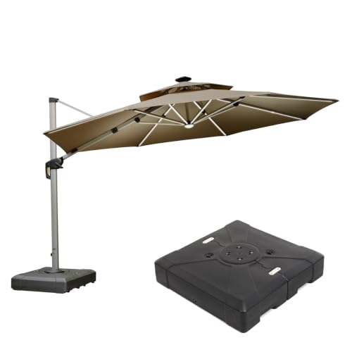 OROTLECT 12 FT Round Lighted Cantilever Umbrella With Base,Beige