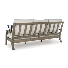 Benjara Inaya Outdoor Sofa, 4 Throw Pillows, Cream White, 89 Inch Brown Metal