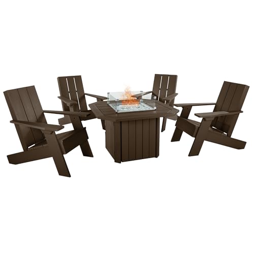Oasis 5-Piece Conversation Set with Fire Pit Table, 4 Italica Modern Adirondack Chairs and 40” Fire Pit Table with Glass Wind Guard and Rain Cover, Weathered Acorn