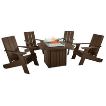 Oasis 5-Piece Conversation Set with Fire Pit Table, 4 Italica Modern Adirondack Chairs and 40” Fire Pit Table with Glass Wind Guard and Rain Cover, Weathered Acorn